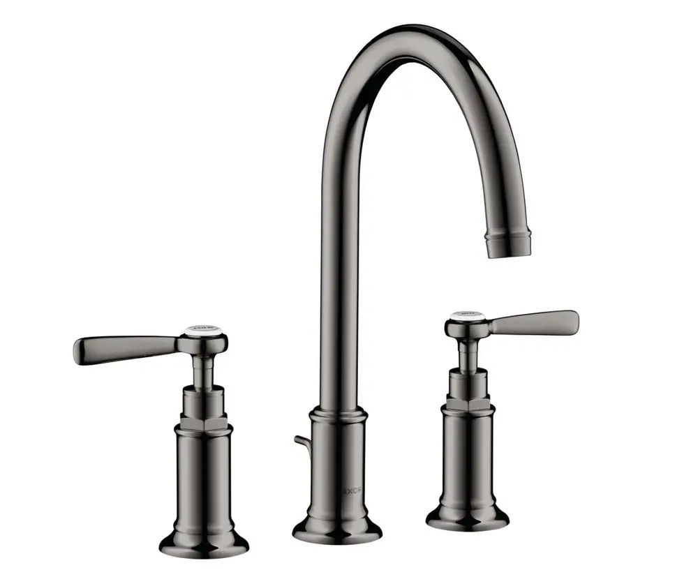 Waschtischarmatur mit hohem Auslauf und zwei Hebelgriffen in Polished Black Chrome von AXOR. Enthält eine Zugstangen-Ablaufgarnitur.